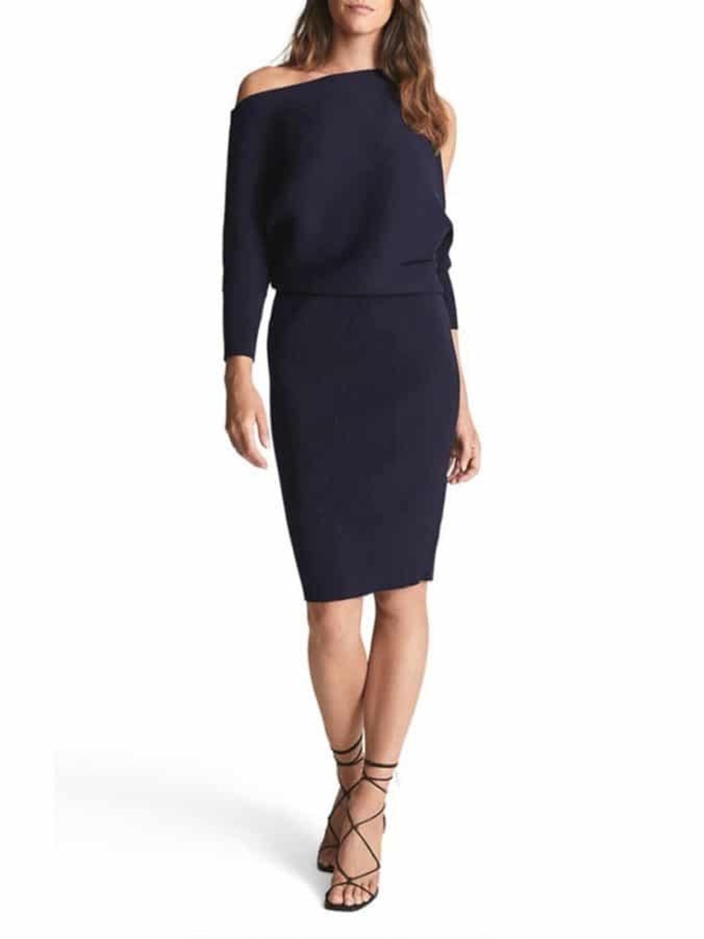 REISS Penny Ribbed Navy Blue Sweater Dress Large Cold Shoulder